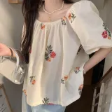 오프숄더 러블리 플라워 퍼프소매 플레어 블라우스 여성상의 여성블라우스