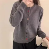 여성 가디건 라운드넥 자수 꽃 니트 봄 가을 기본 아우터