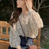 여자 쉬폰 블라우스 플라워 패턴 프릴 레이스 포인트 긴팔 셔츠
