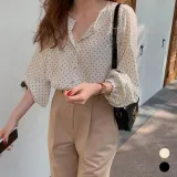 블라우스 도트무늬 라운드넥 손목 밴딩 미니 상의