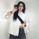 여성 긴팔 블라우스 오버핏 셔츠 화이트 스카이 블루 포켓 남방
