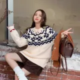 여자 겨울 노르딕니트 눈꽃 스웨터 니트티 라운드 오버핏 니트 티셔츠