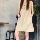 LND 버튼 앤 롱 원피스 미니 치마 여름 민소매 여성 여름