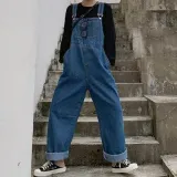 점프수트 데님 멜빵 바지 와이드핏 여성 오버롤 멜빵바지