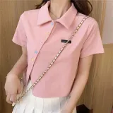 셔츠 반팔 세미 컬러 크롭 버튼 여성 크롭티