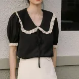 레이스 카라 리본 블라우스 캐주얼 데일리 여름 반팔 스러운