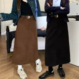 코듀로이 롱스커트 벨트 세트 트임 골덴 A라인 롱치마