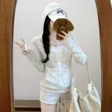 여성 여름 단가라 스트라이프 후드 집업 집업 가디건 탑
