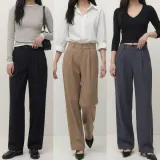 여성 투버튼 핀턱 허리밴딩 와이드 슬랙스