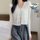 세련된 여름용 리본 끈 가디건 골지 롱 비치 가디건 썸머 루즈핏 용 여름 그물 로브 교복 볼레로