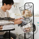 빨래바구니 세탁통 2단 3단 원형 이동식 트롤리 메쉬망 카트 세탁실 수납