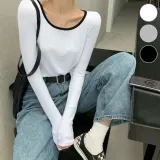 배색 넥라인 크롭한 기장 긴팔티 ERD-255
