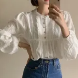 퍼프소매 레이스 셔츠 긴팔 루즈핏 블라우스 페미닌룩 데일리룩