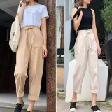 하이웨스트 팬츠 여성 밴딩 바지 봄여름 롤업 면바지