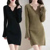 니트 원피스 브이넥 슬림핏 겨울 미니 치마 투피스 룩