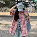 핑크 체크 여름 반팔 셔츠 남방 루즈핏 캐주얼