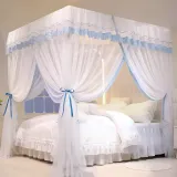 체크 커튼형 침대모기장 (150cmx200cm) (블루)