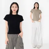 여자 기본 면티 크롭 반팔 티셔츠 U넥 스판 실켓 무지 5부 반팔티
