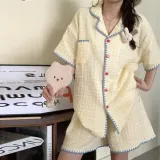 레몬 패턴 체크 카라 반바지 투피스 잠옷 세트 여자잠옷 반팔잠옷