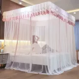 체크 커튼형 침대 모기장 (180x200cm)(핑크) 실내방충