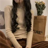 베이지 프릴넥 긴팔 골지 니트