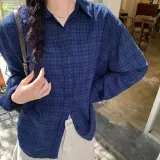 체크 내추럴 네이비 여성 루즈핏 셔츠