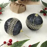 다크블루 글리터 장식볼 2p(10cm) (더블골드라인)