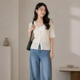 여성 여름 브이넥 버튼 단추 반팔 세미크롭 니트 가디건