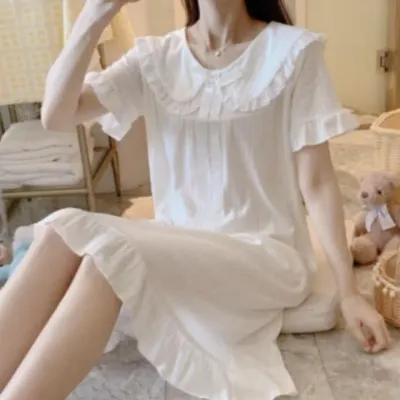 여름 여성 레이스 반팔 원피스 파자마 홈웨어 수면 잠옷