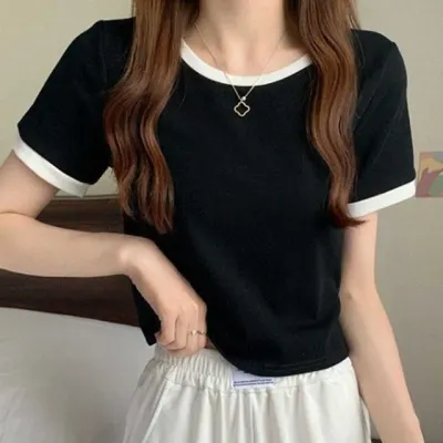 여성 배색 크롭 반팔 티셔츠 슬림핏 라운드넥 캐주얼 데일리 배색티 여름 상의