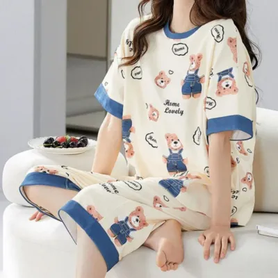 여성 여름 밴딩 반팔 반바지 수면 잠옷 파자마 7부세트