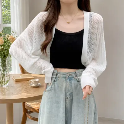 여성 비치웨어 얇은 긴팔 숄 가디건 투명한 썸머 볼레로