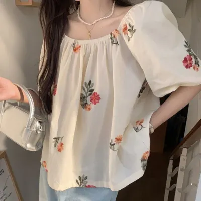 오프숄더 러블리 플라워 퍼프소매 플레어 블라우스 여성상의 여성블라우스