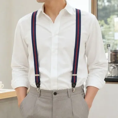 국산 레드 사계절 남자 남성 하객룩 줄무늬 정장용 라인 스트라이프 멜빵 네이비 서스펜더