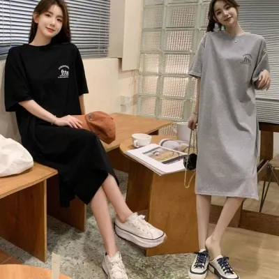 영문 레터링 반팔 롱 여성 트임