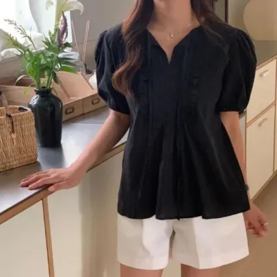 블라우스 셔츠 반팔 오피스룩 하객룩 디자인 데일리 버튼 여름 검은색셔츠