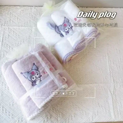 산리오가운 코랄 플리스 캐릭터 자수 목욕 타월 수건 세트 아동용 두꺼운 목욕 타월 캐릭터