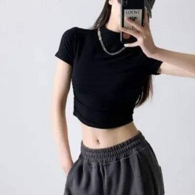 반목 크롭티 셔링 슬림핏 여성 반팔 골지 티셔츠 데일리룩 하객룩