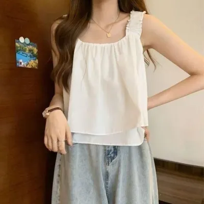 주름 숄더 크롭 민소매 블라우스 2color 여성 나시 쉬폰