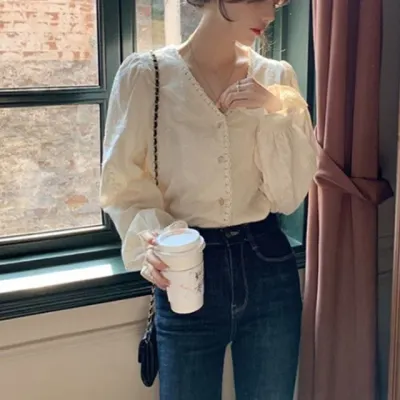 레이스 긴팔 브이넥 여성 퍼프 셔츠 블라우스 여성블라우스 여자블라우스