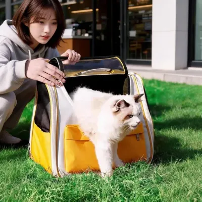 고양이 이동장 반려동물 캐리어 메쉬 가방 강아지 외출 산책 옐로우