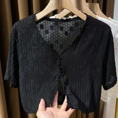 여성 반팔 브이넥 여름 비치 크롭 가디건 블랙 브이넥 여름 숏 반팔 휴양지 카디건 비치 여자 가디건