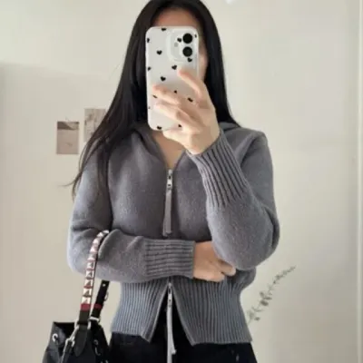 여성 크롭 집업 니트 가디건 클래식 스타일