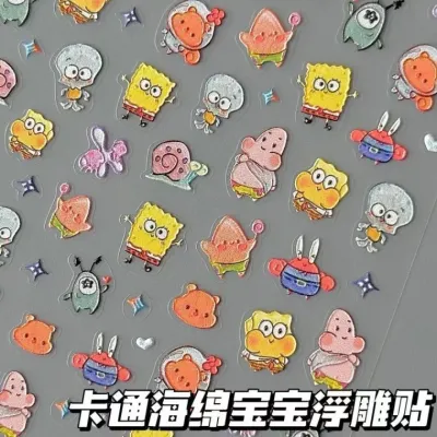 유아네일스티커 큐에디션 스폰지밥 네일 스티커 엠보 입체만화 파이 별 네일 스티커