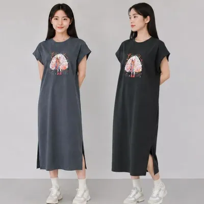 여성 프린팅 반팔 롱원피스 오버핏 루즈핏 캐주얼 데일리 원피스