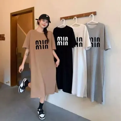 레터링 캐주얼 롱 원피스 롱원피스 치마 프린팅 반팔