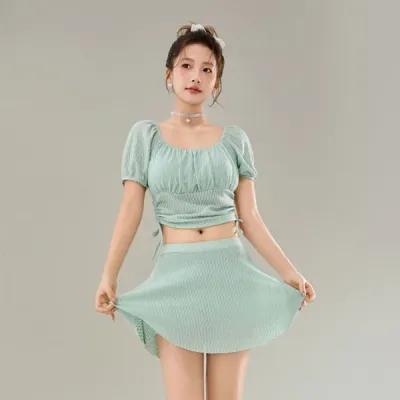 은창]넥라인 셔링 퍼프 사이드 스트링 2피스 비키니 수영복 원피스 몸매보정 치마 세트 비키니 바지 여름