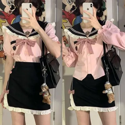 레이스카라 여자 두줄라인 일본교복 핑크 초등졸업사진컨셉 교복치마 블라우스 어린이