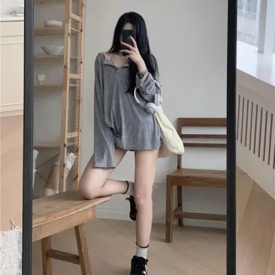 여성 봄여름 루즈핏 오버핏 오픈카라 긴팔 티셔츠 카라티