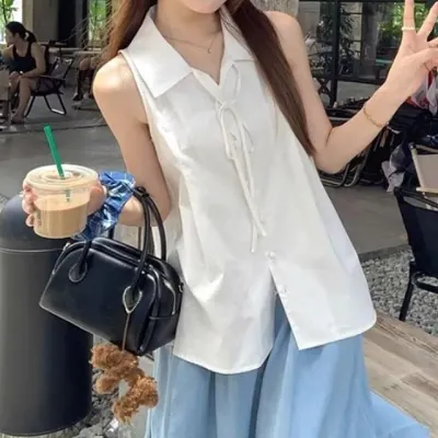 리본 카라 여성 여름 민소매 블라우스 데이트룩
